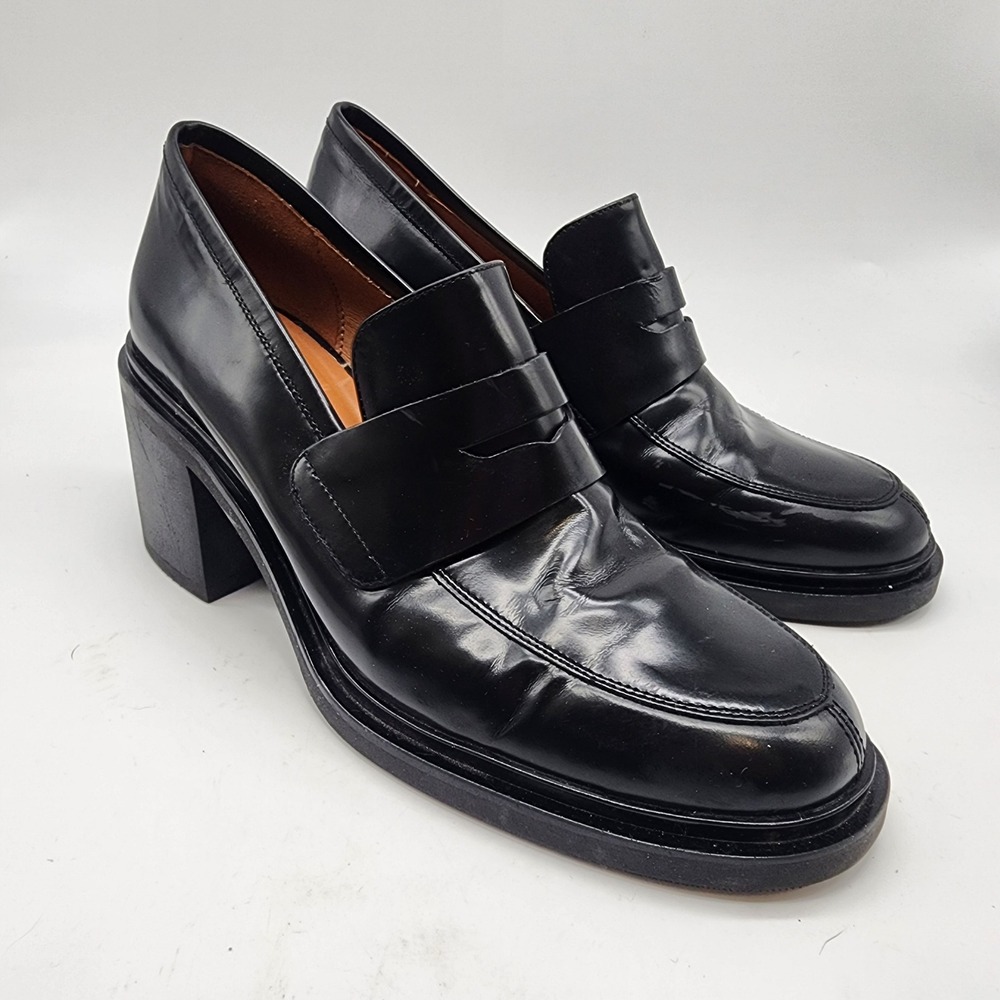 Maeve Heeled Penny Loafers Women's 39 8.5-9 Black Leather Block Heel Square Toe